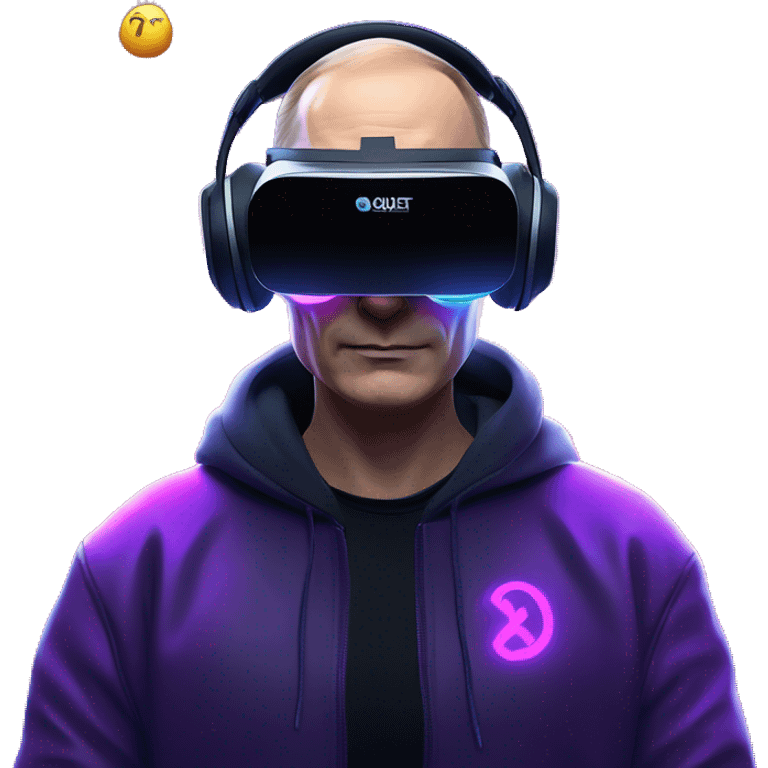 Putin wearing a black hoodie with "OMG" letters on it and VR headset oculus quest 2 in a cyberpunk VR environment with violet neon lighting. emoji