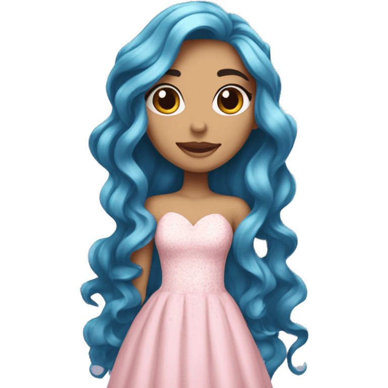 A beautiful girl with long flowing wavy blue hair with her skin, the color of a peel and snowflake, wearing a lovely dress, the color of the lightest pink in the world emoji