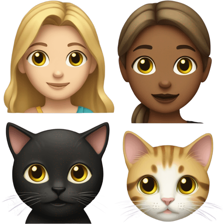 A hazel-eyed girl with light brown, medium-length hair is holding a black cat with yellow eyes, a tabby cat with green eyes, and a yellow tabby cat with yellow eyes. emoji