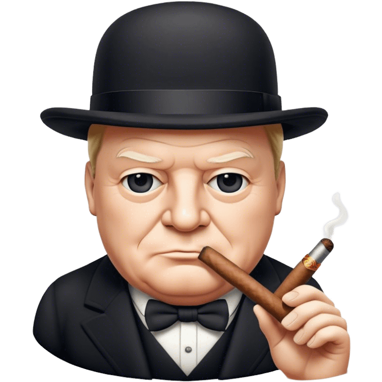 Cinematic Realistic Winston Churchill Portrait Emoji, depicted as a resolute British statesman with a signature bowler hat and a cigar, exuding determined leadership and wartime valor, rendered with lifelike textures and dramatic vintage lighting that captures his iconic British spirit. emoji