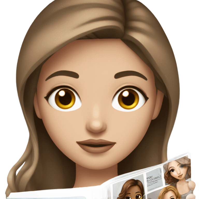 pretty girl with white skin and brown hair reading a fashion magazine with girl on the cover of the magazine emoji