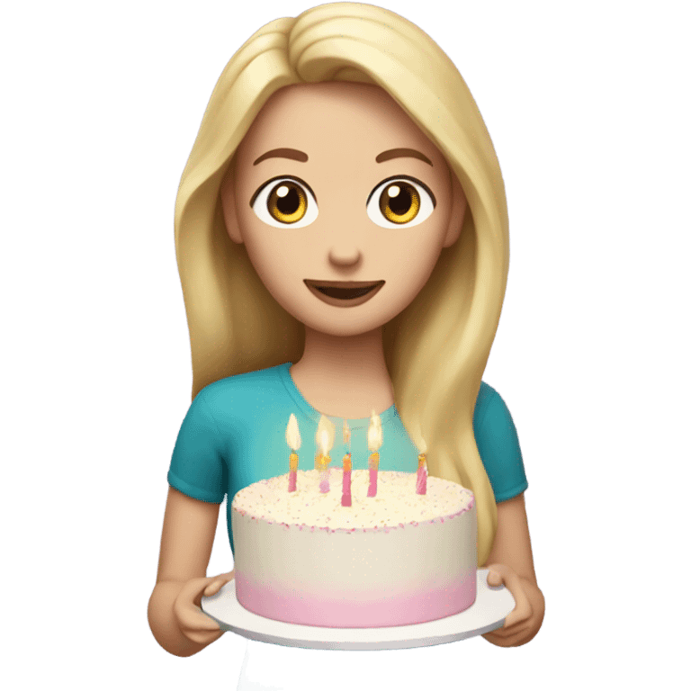 White girl with blonde straight hair birthday cake in hands emoji