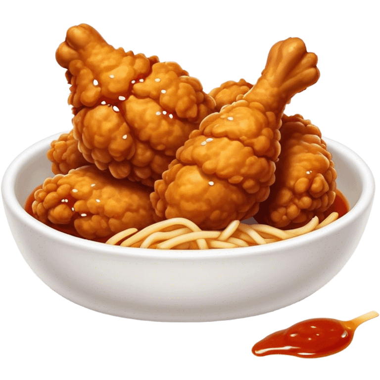 Cinematic Realistic Korean Fried Chicken Dish Emoji, depicted as crispy, golden-fried chicken glazed in a tangy sauce rendered with detailed textures and vibrant, dynamic lighting. emoji