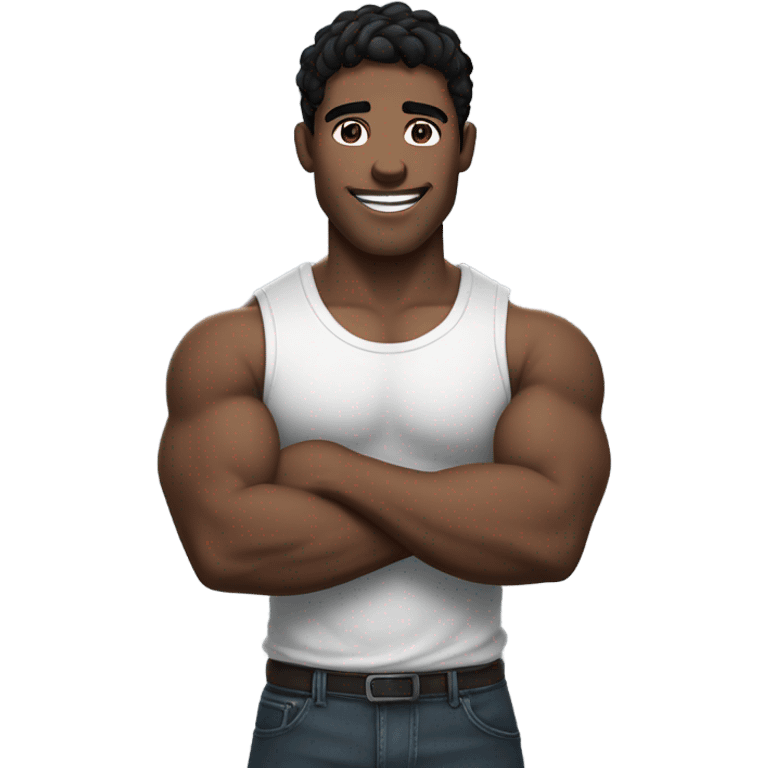 man with white skin, black hair and light eyes smiling while his muscular arms are crossed at chest level, he stares. emoji