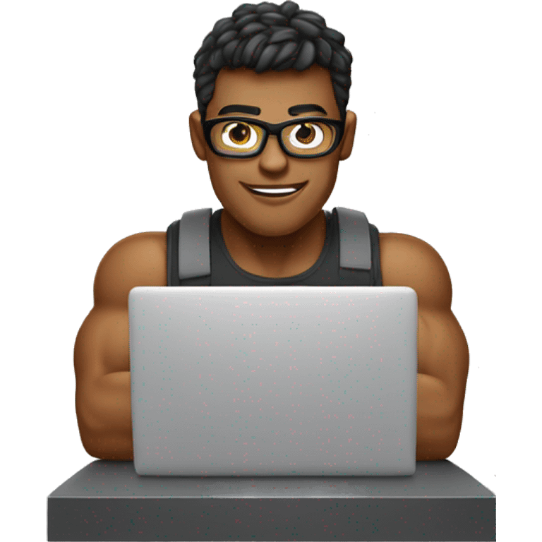 muscular nerd in front of laptop coding emoji