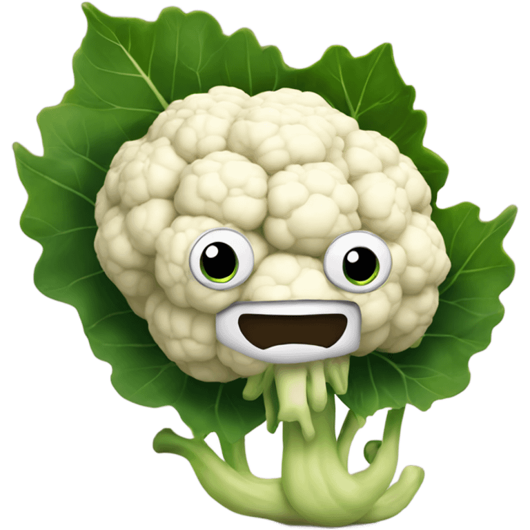 Cauliflower with cute big eyes holding a mirror, surrounded by leaves. emoji