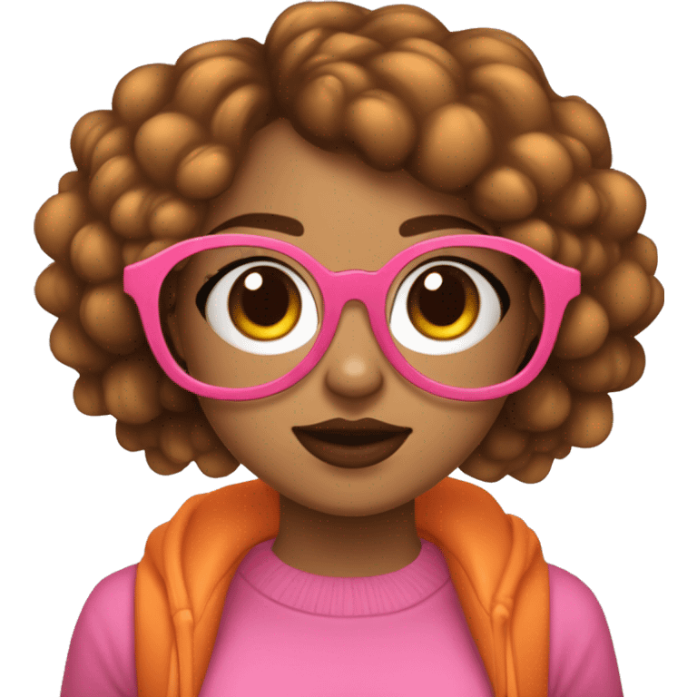 Chica joven con pelo corto de color castaño, con gafas redondas con borde dorado. Pecas en las mejillas y labios gorditos color rosa. Tiene un perro color negro y naranja emoji