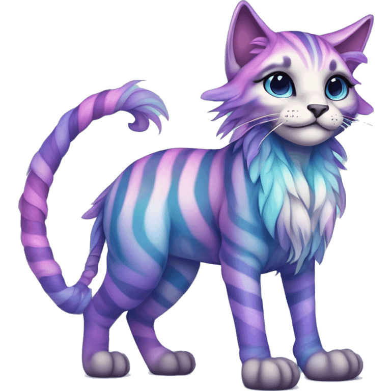 Colorful pastel vernid fantasy creature LiLaiRa Kamirah Falvie whiskers paws full body purple blue gradient stripes braided tail feline emoji