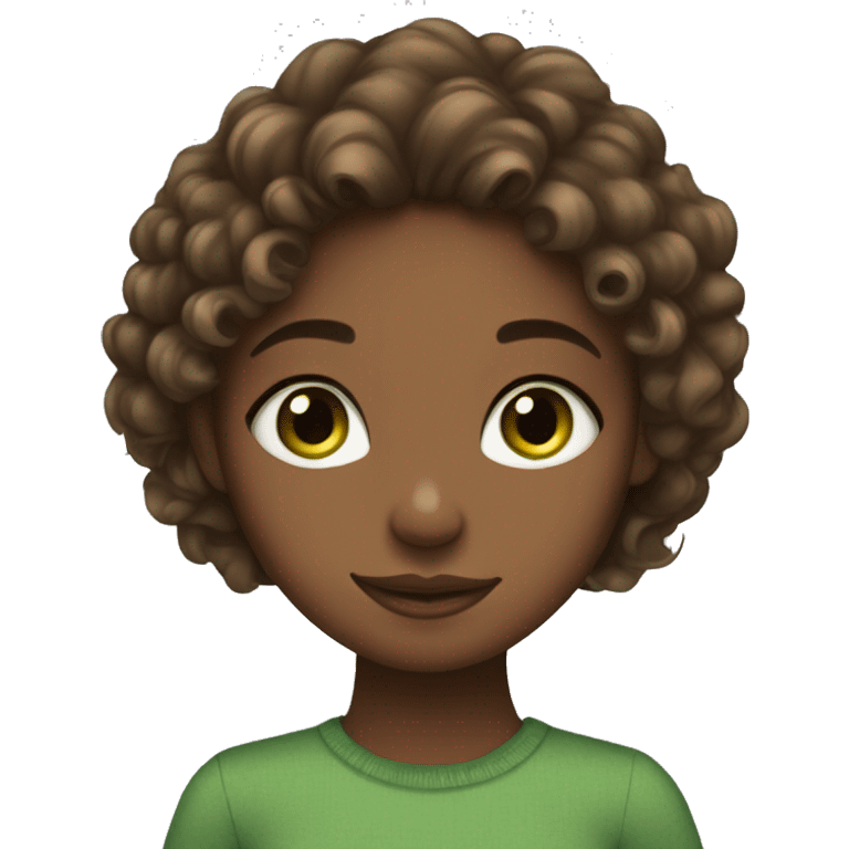 brown curl hair girl, brown girl, green eyes, hugs emoji