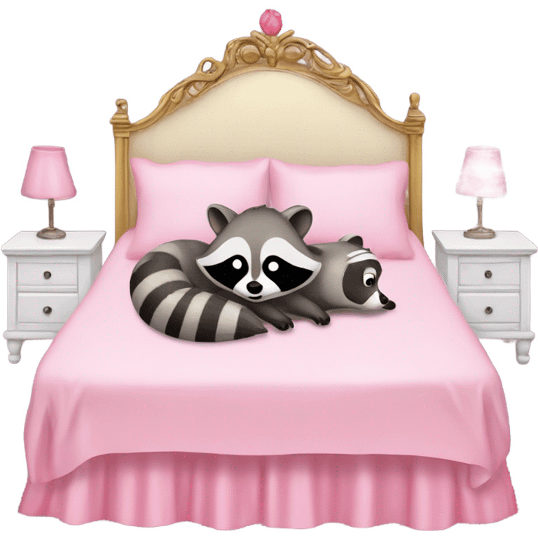 princess style bed with sleeping cute racoon wearing pink bow on head in it emoji