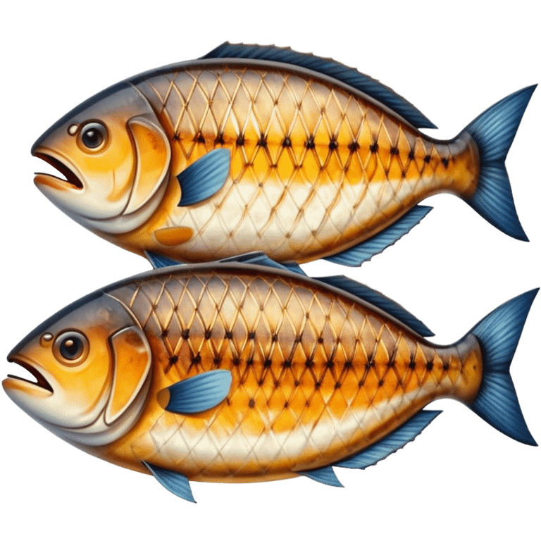 Gradele Cinematic Realistic Gradele Dish Emoji, depicted as 2 perfectly grilled fish with prominent grill marks and a smoky finish, rendered with vivid textures and dynamic, natural lighting. emoji