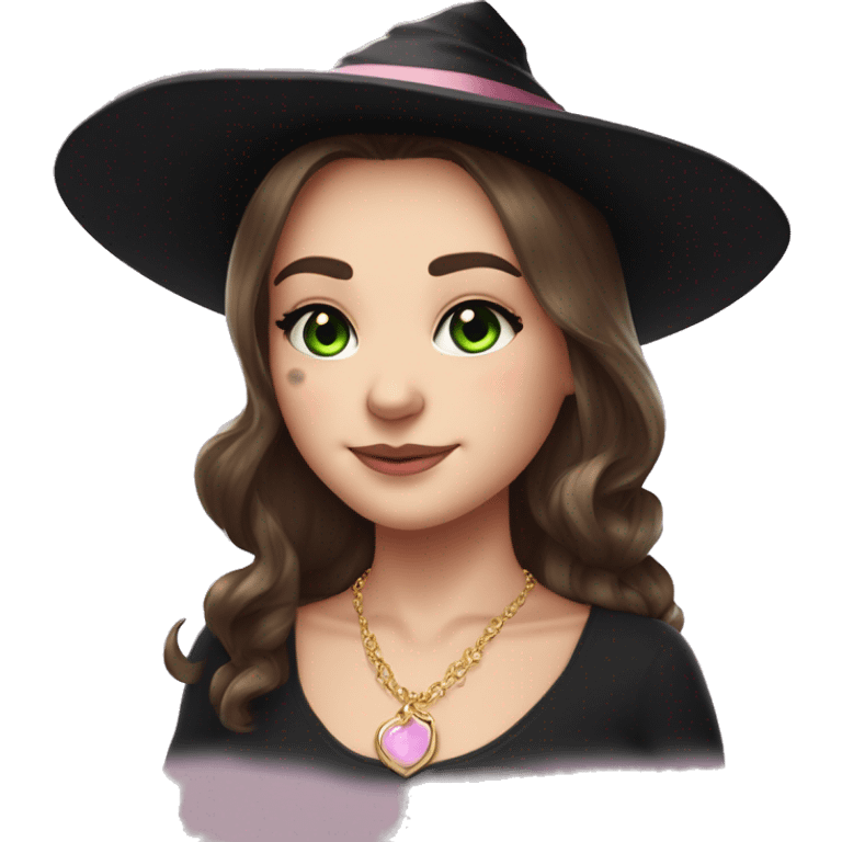 Witchy brunette haired green eyed lightly freckled white girl with a witty smile a gold necklace and a black witch hat with a baby pink bow emoji