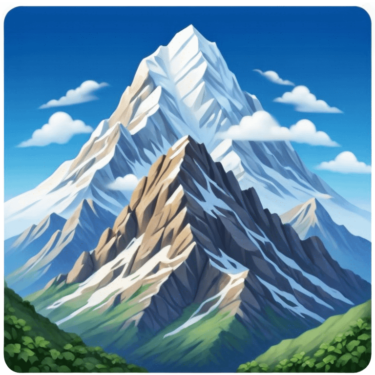 Cinematic Realistic Mountain Emoji, Majestic and towering, with craggy, snow-capped peaks rising sharply against a deep blue sky. The rugged terrain is dotted with rocky outcrops and patches of greenery, with clouds swirling around the higher reaches. Soft glowing outline, capturing the essence of ancient strength and natural beauty in a towering mountain! emoji