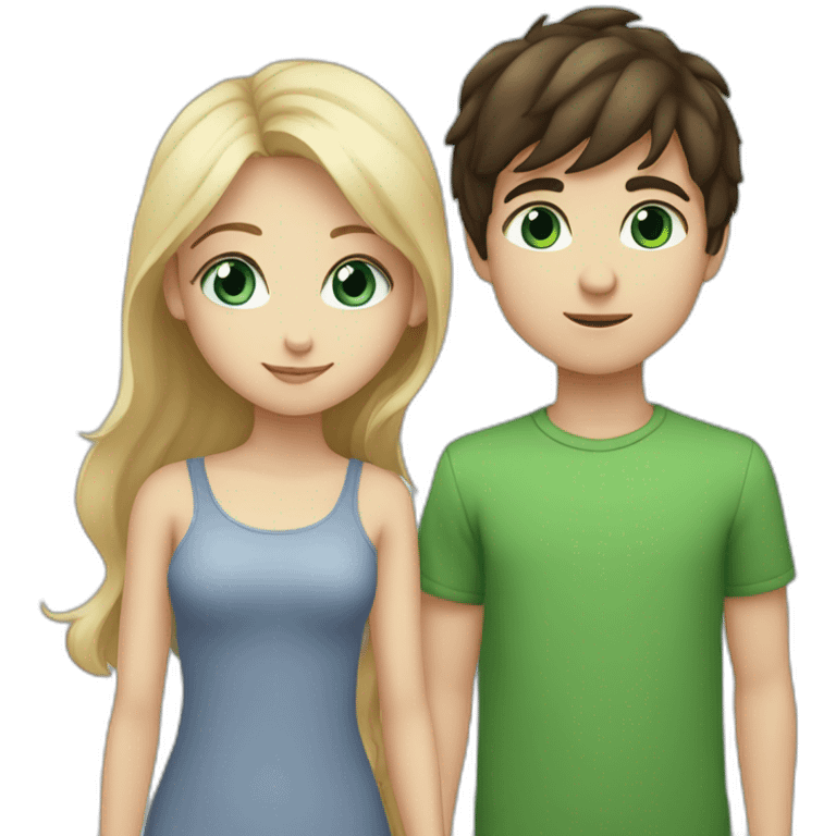 Girl with light blue eyes and blonde hair kiss a boy with dark brown hair and green eyes emoji