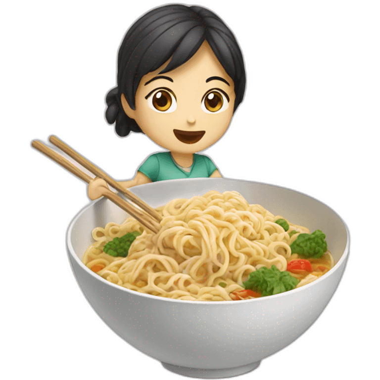 Female asian girl eating noodles emoji