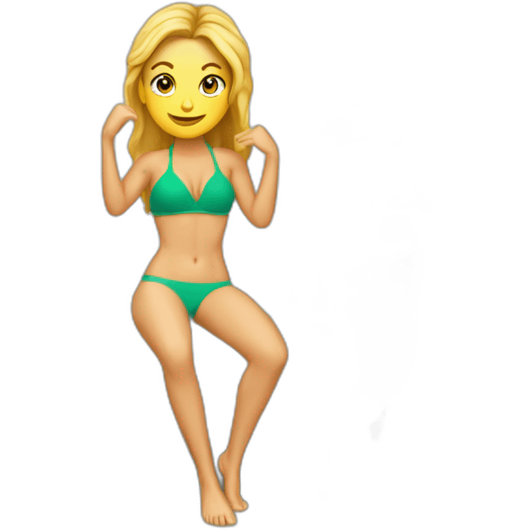 Soft-fit Caucasian woman bikini abs (hands-in-hair pose) (full body) couch emoji