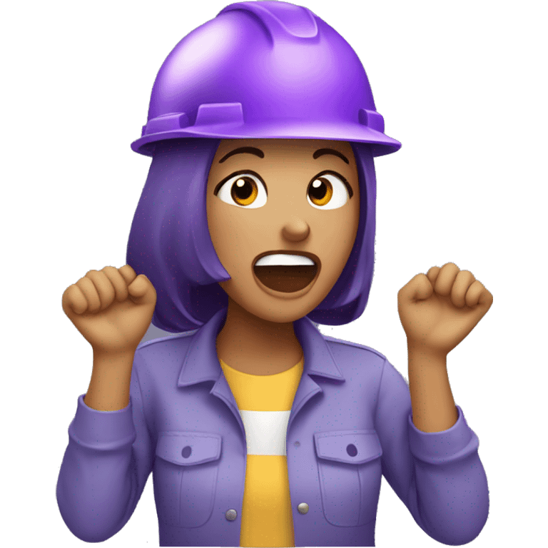 girl with purple hard hat shouting with the hands on the mouth emoji