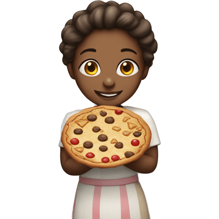 girl holding cookie pizza with joy emoji