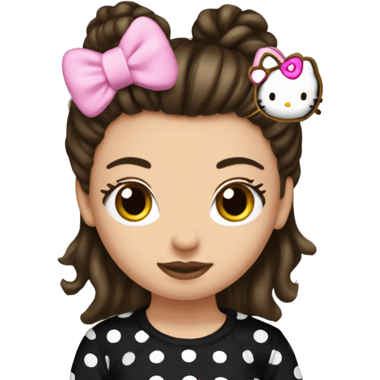 brunette girl with messy bun black top and hello kitty pyjama pants  emoji