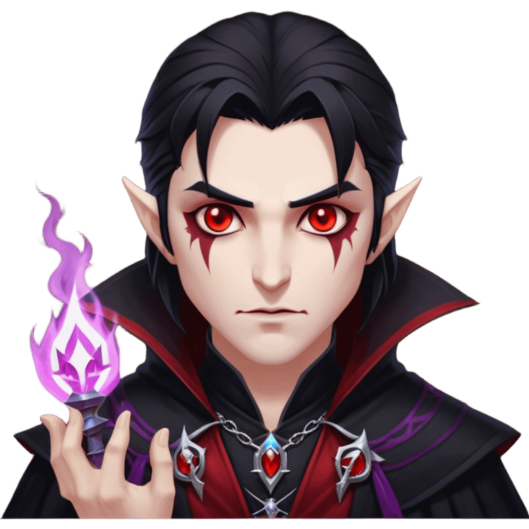 Cinematic Realistic WoW Vampire Mage Portrait, head tilted epicly and inquisitively, showcasing a commanding presence and ancient arcane mastery. His pallid skin and sleek dark hair are set against the intricately detailed black robe—with silver accents and mystical runes—that remains consistent in its shadowed elegance. His piercing crimson eyes blaze with forbidden power, rendered with dramatic, lifelike clarity and high shine, epic and awe-inspiring. emoji