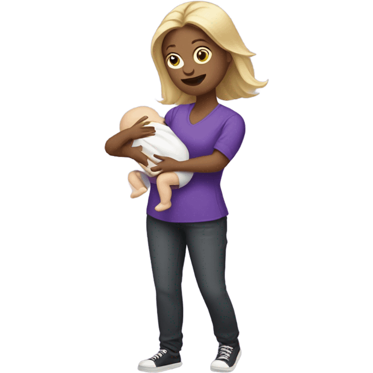 White Women in purple shirt rocking baby, but money instead of baby emoji