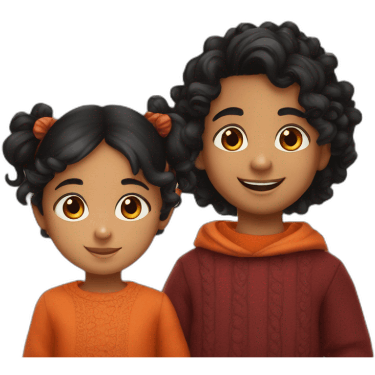 smiling 3 years old indian girl with black curly hair in pigtails wearing a orange dress with a smiling 3 years old indian boy with black hair wearing a dark red sweater emoji