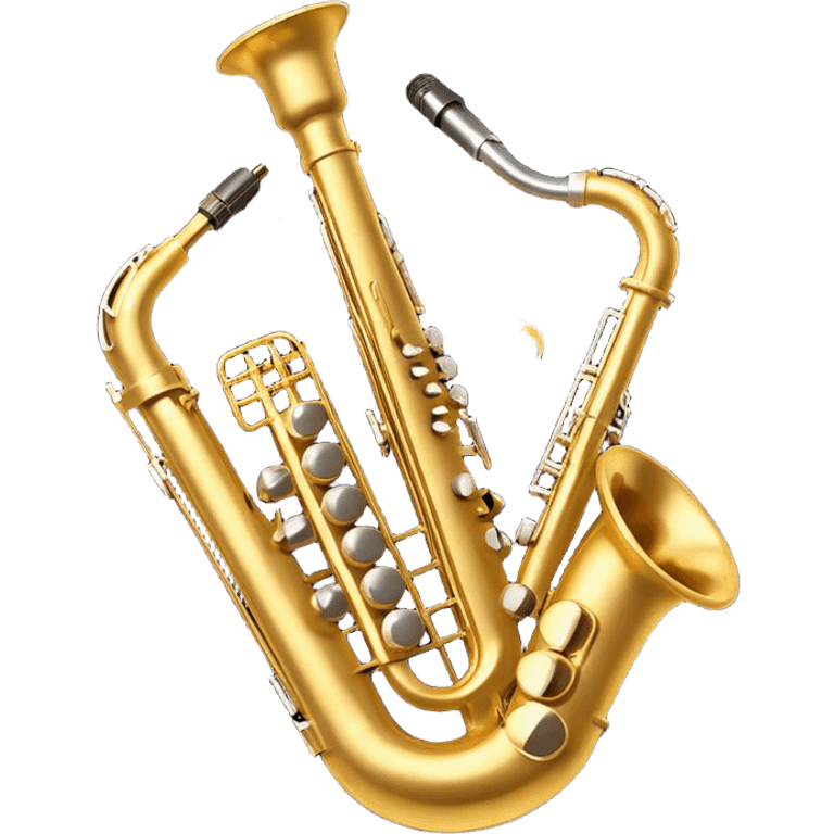 Create an artistic and dynamic emoji representing jazz vocal performance, featuring a vintage microphone as the central focus. Surround the microphone with traditional jazz instruments, such as a saxophone, trumpet, and upright bass, arranged in a harmonious, flowing design. Add musical notes and sound waves emanating from the microphone to symbolize the improvisational and expressive nature of jazz vocals. The instruments should have a polished, classic appearance with metallic gold and silver accents. Use rich colors like deep black, gold, and burgundy to evoke the sophisticated and soulful atmosphere of a jazz club. The background should be transparent. emoji