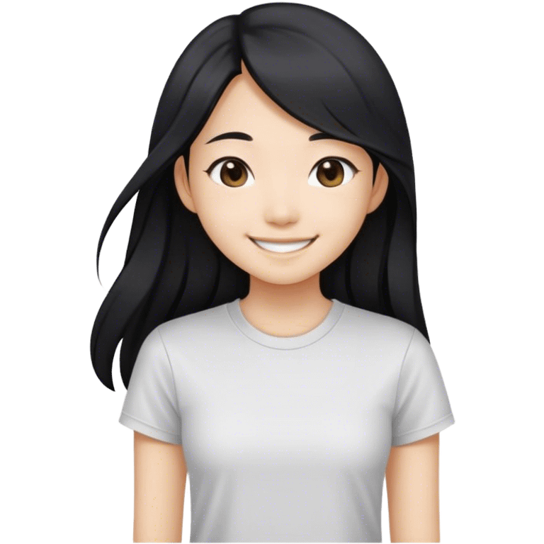 an asian girl smiling with straight black and long hair, slight waves, tshirt emoji