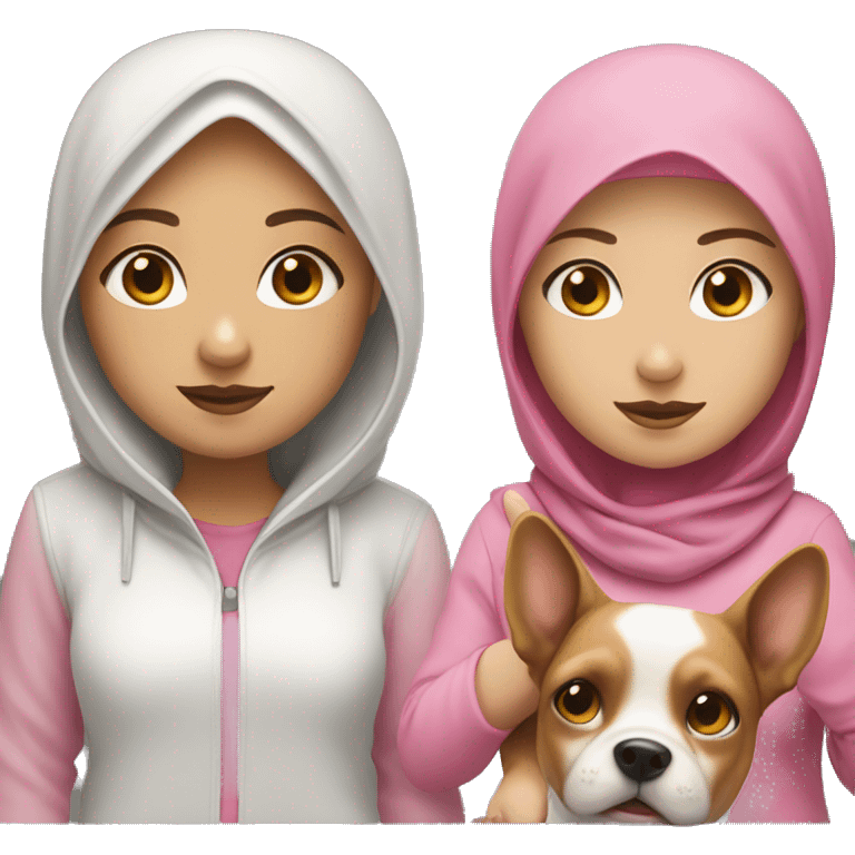 White hijab girl, white skin color, with a pink hoodie, holding a dog emoji