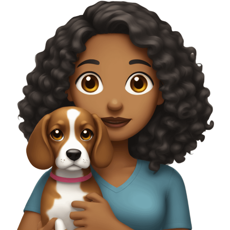 a brown girl with black curly hair holding a beagle emoji