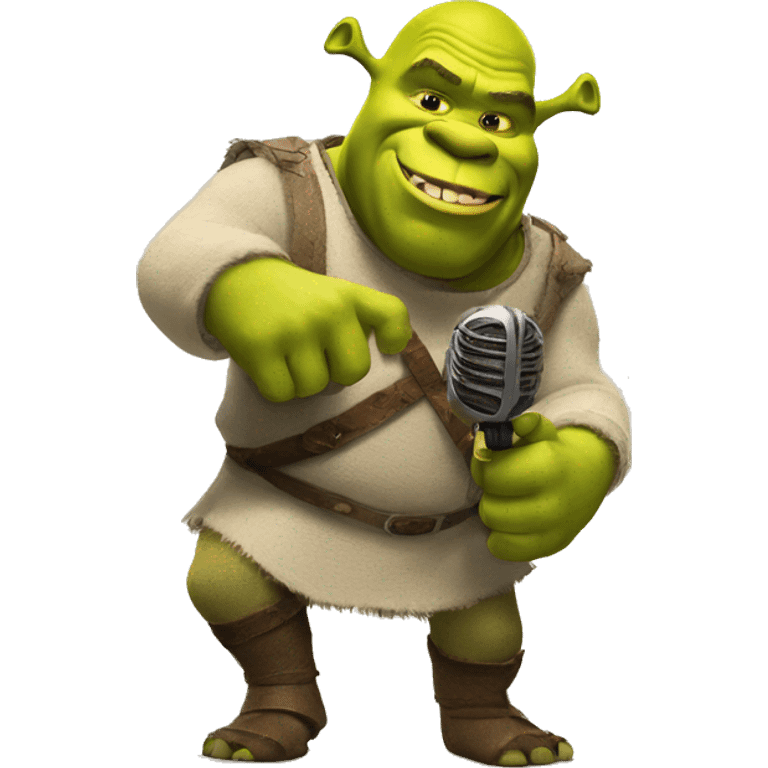 Shrek with a microphone in his hand listens to the donkey emoji