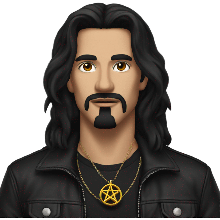 Man with very long black hair, black goatee, square jawline, eyeliner, black leather jacket, black pants, black shirt and pentacle necklace emoji