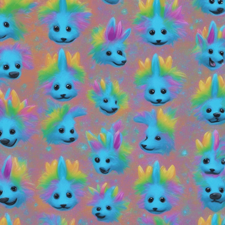 Multicolored rainbow retro groovy tie dye hippie trippy floral patterns on a metallic holographic iridescent blue dog face head unicorn emoji