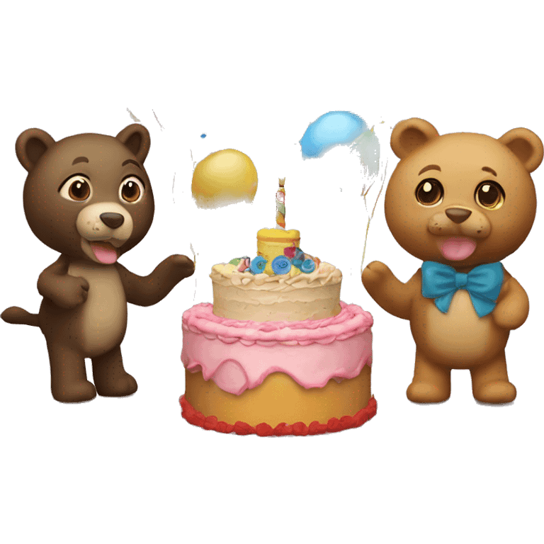 3 Stuffed animals and a birthday cake celebrating  emoji