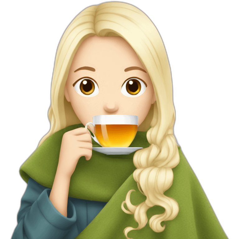 White blonde Girl drinking tea with blanket on emoji