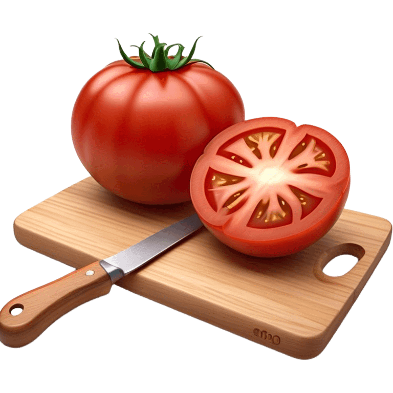 Cinematic juicy ripe tomatoe, deep red, slightly dewy, arranged on a wooden cutting board, soft glowing background, rich and flavorful. emoji