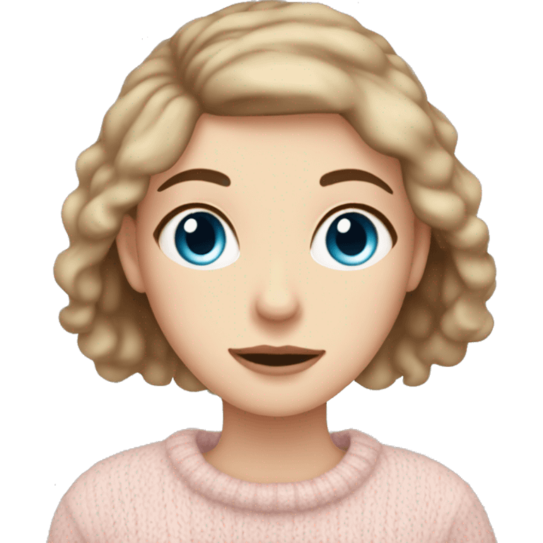 Pretty blue eyed white girl with brown hair with light pink sweater reading cozy emoji