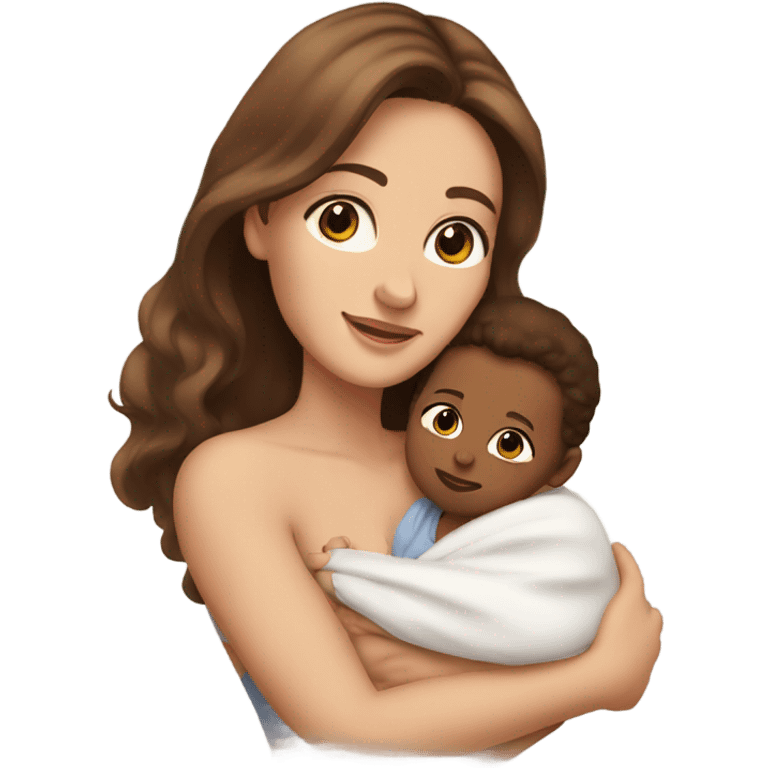 woman with hazel eyes, long eyelashes and long brown hair holding newborn baby in arms emoji