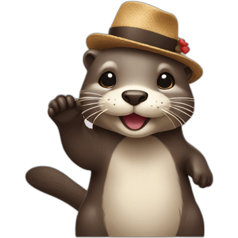 otter with a hat on waving hello emoji