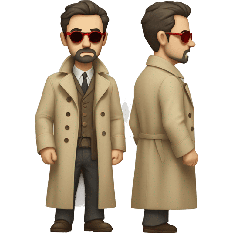 1930s investigator, a Caucasian man with short, dark hair and a rough beard, wears tiny red-tinted sunglasses and a dirty beige trench coat. He has a serious demeanor. emoji