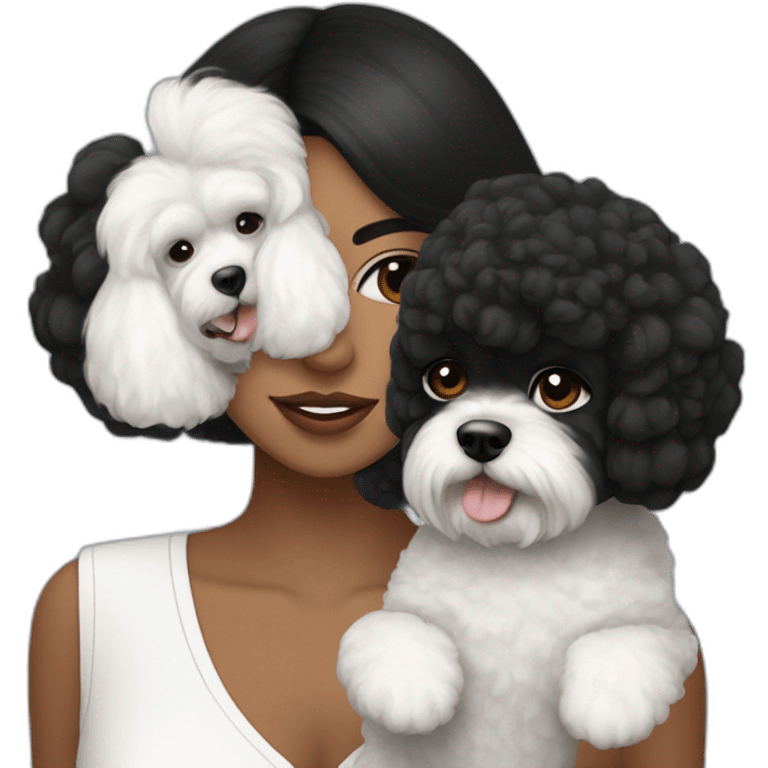 mujer piel blanca cabello negro con perro bichon blanco emoji