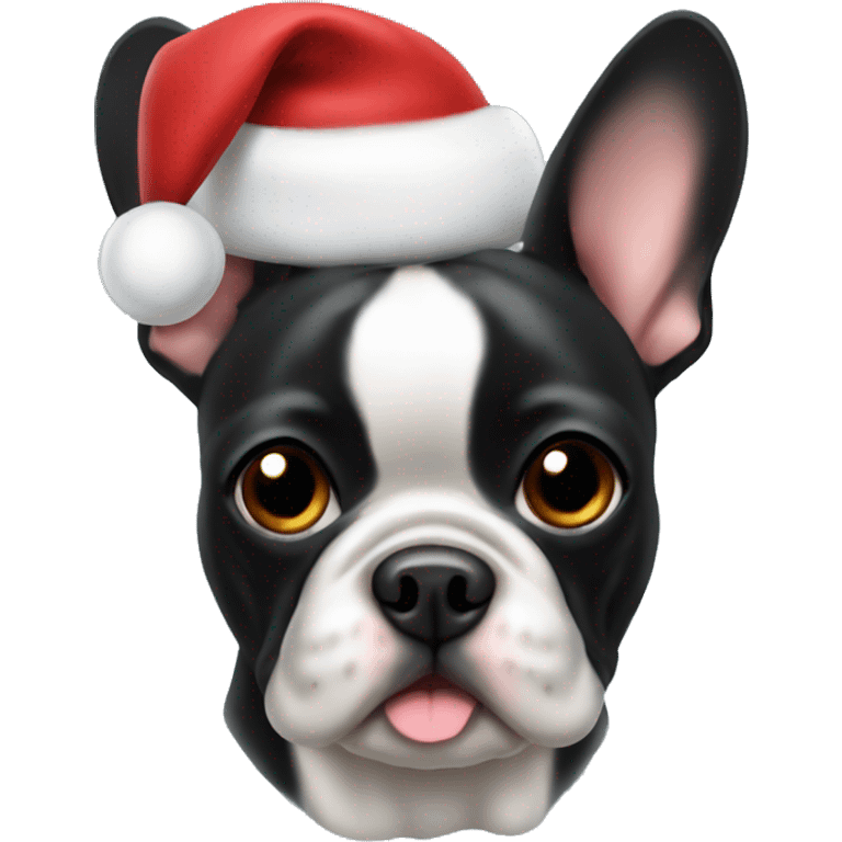 A black Frenchie with a Christmas hat emoji