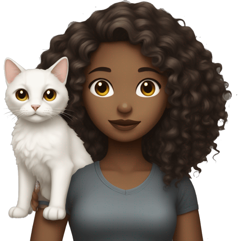 Dark brown curly hair girl with a white cat emoji