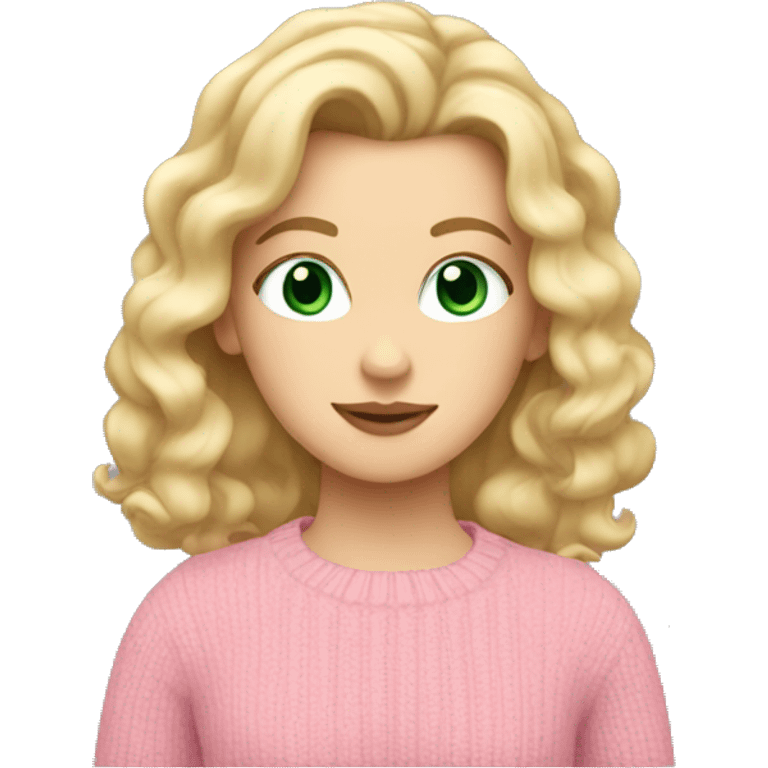 White girl with blonde curled hair and green eyes and a pink sweater emoji