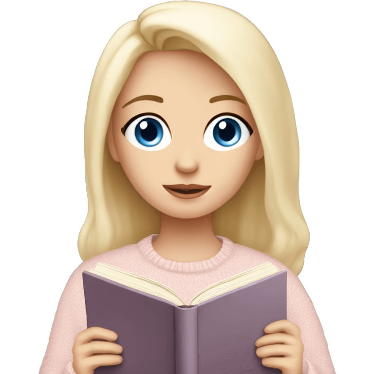 Pretty blue eyed white girl with light pink sweater reading cozy emoji