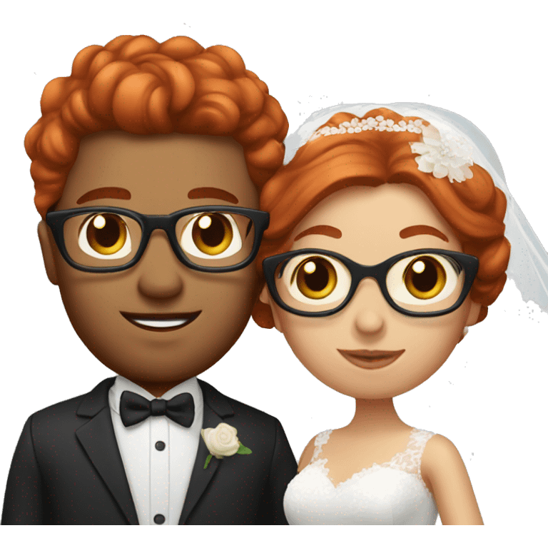 Red head bride with fiancé with glasses  emoji