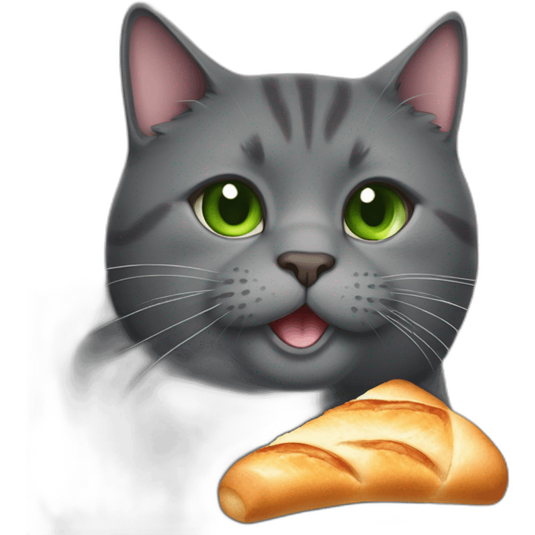 happy dark grey fat cat with green eyes and short tail eating a baguette emoji