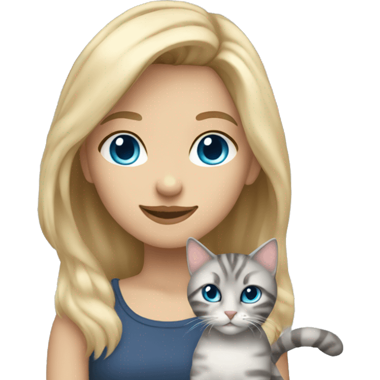 Girl with blonde hair blue eyes holding fluffy gray tabby cat emoji