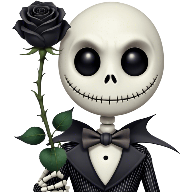 Cinematic 3D ultra realistic 32K HD image of Jack skellington holding a black rose, stunning detail as though captured in a timeless photograph, rich textures, visually rich, so lifelike that it feels like it could leap off the page at any moment emoji