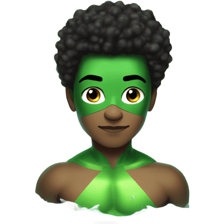 1 Afro Light-skinned male  teenager shirtless in a green superhero costume of Prince Namor swimming. emoji